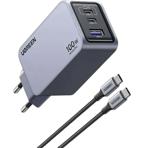 Chargeur secteur Ugreen 25874 100W GaN 3 Ports avec Cable USB-C 1.5m Noir 