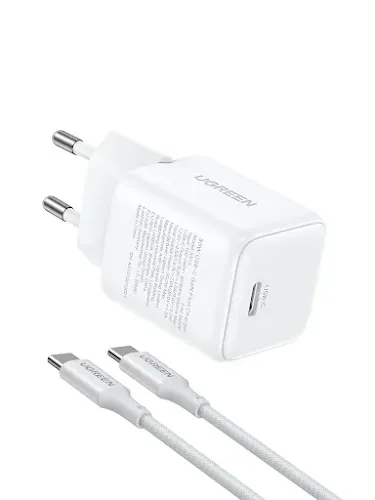 Chargeur secteur Ugreen 65013 GaN USB-C 30W avec Câble Blanc