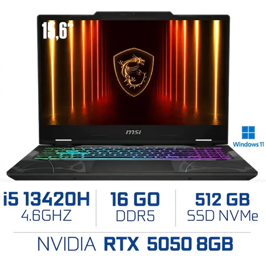 MSI Cyborg 15 B13WEKG-1249FRNN Intel Core i5-13420H RTX 5050 8GB 16GB 512GB SSD 15.6" IPS Full HD 144Hz Windows 11 Home
